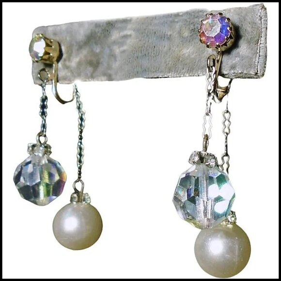 Formal Clip On Dangle Earrings UNIQUE Design Double Dangles Faux Pearl & Crystal - Picture 4 of 12